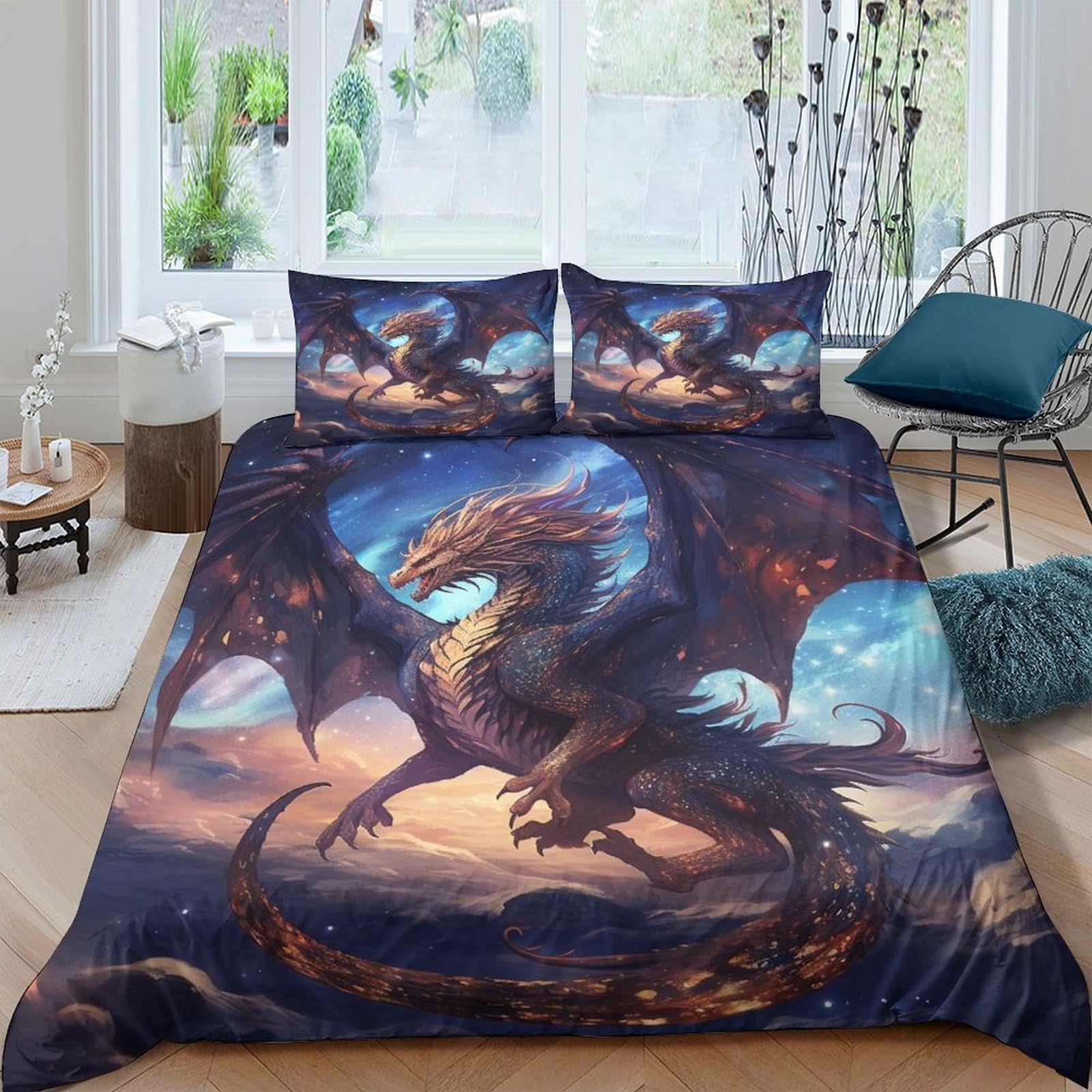 Tnfhsoft Flying Dragon-9 3D Printed Flying Dragon Duvet Cover Set With Pillow Cases Cool Animals Quilt Cover Bedding Set,With Zipper Closure,3Pcs,For Childrens And Adults Double（200X200cm）