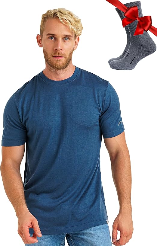 Merino Wool T-Shirt Mens - Merino Wool Undershirt Thermal Shirt for Men and Hiking Socks