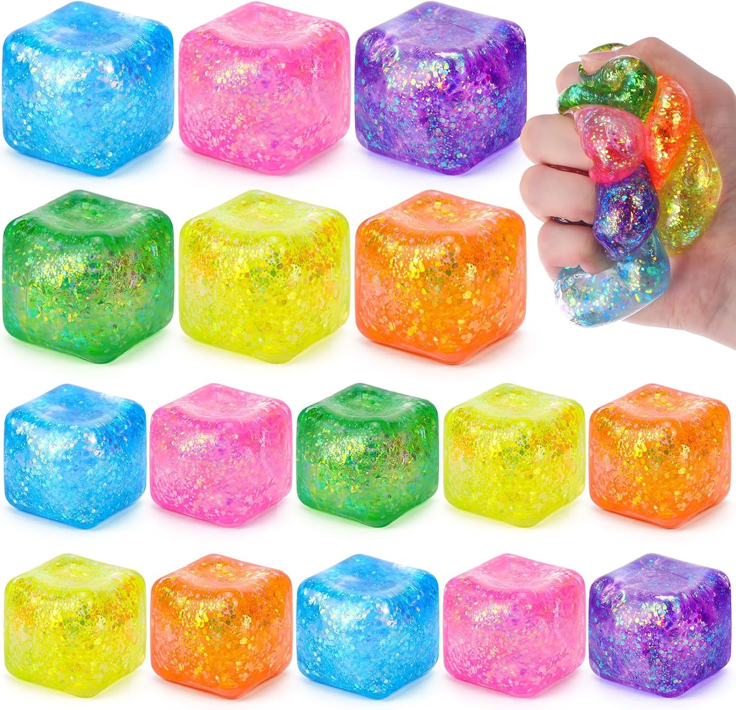 16 Pack Glitter Stress Cube Bulk, Sensory Ice Cube