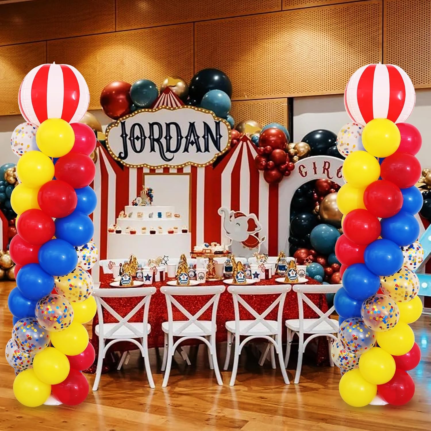 Carnival Circus Balloon Column Stand Kit 2 Sets，2 Adjustable Balloon Tower Pillars with 122Pcs Balloons Water Bags for Festival Circus Themed Birthday Party Decoration