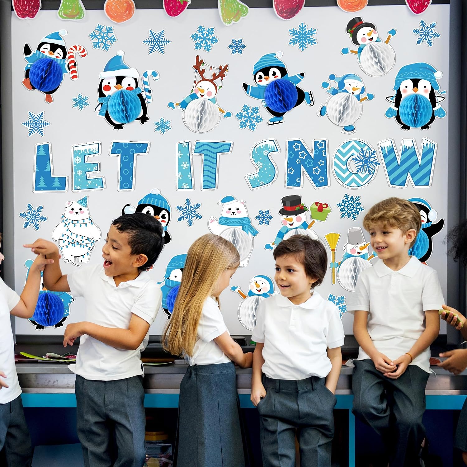 Naozinebi 53PCS 3D Winter Honeycomb Bulletin Board Snowflake Penguin Bulletin Board Set Christmas Party Supply Snowman Bulletin Board Let it Snow Paper Cutouts with School Classroom Wall Decor
