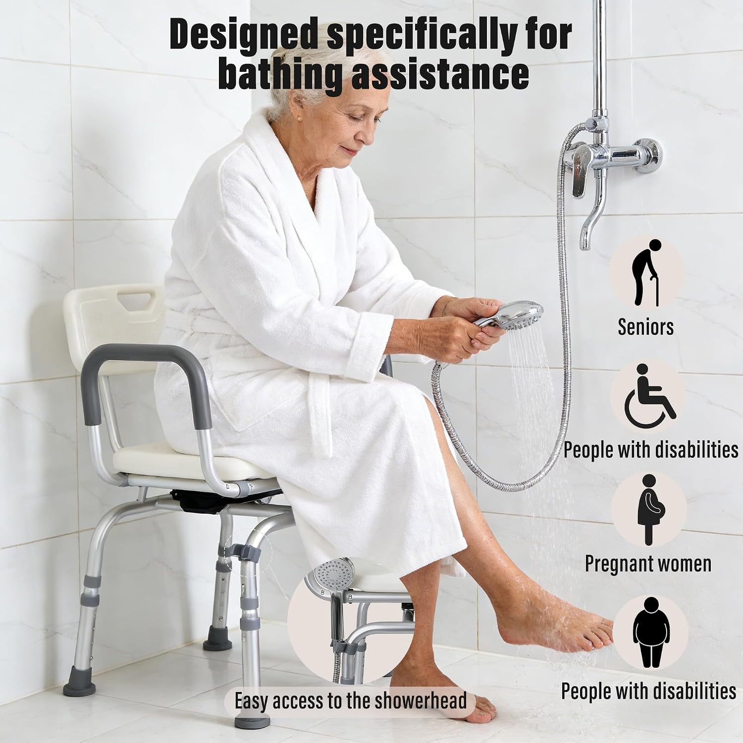 Swivel Shower Chair, 360° Rotating Shower Chair with Arms, Back & Shower Holder, Height Adjustable Non-Slip Bath Seat for Elderly, Disabled & Pregnant Adults, Heavy Duty for Inside Shower & Bathtub