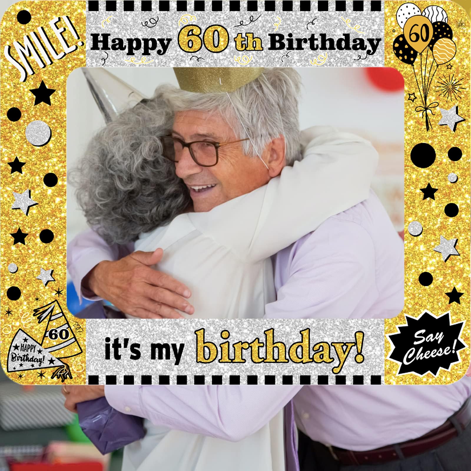 Cornice Gonfiabile 60° Compleanno - 71x58cm, Nero/Oro, Per Selfie E Feste - Foto 6