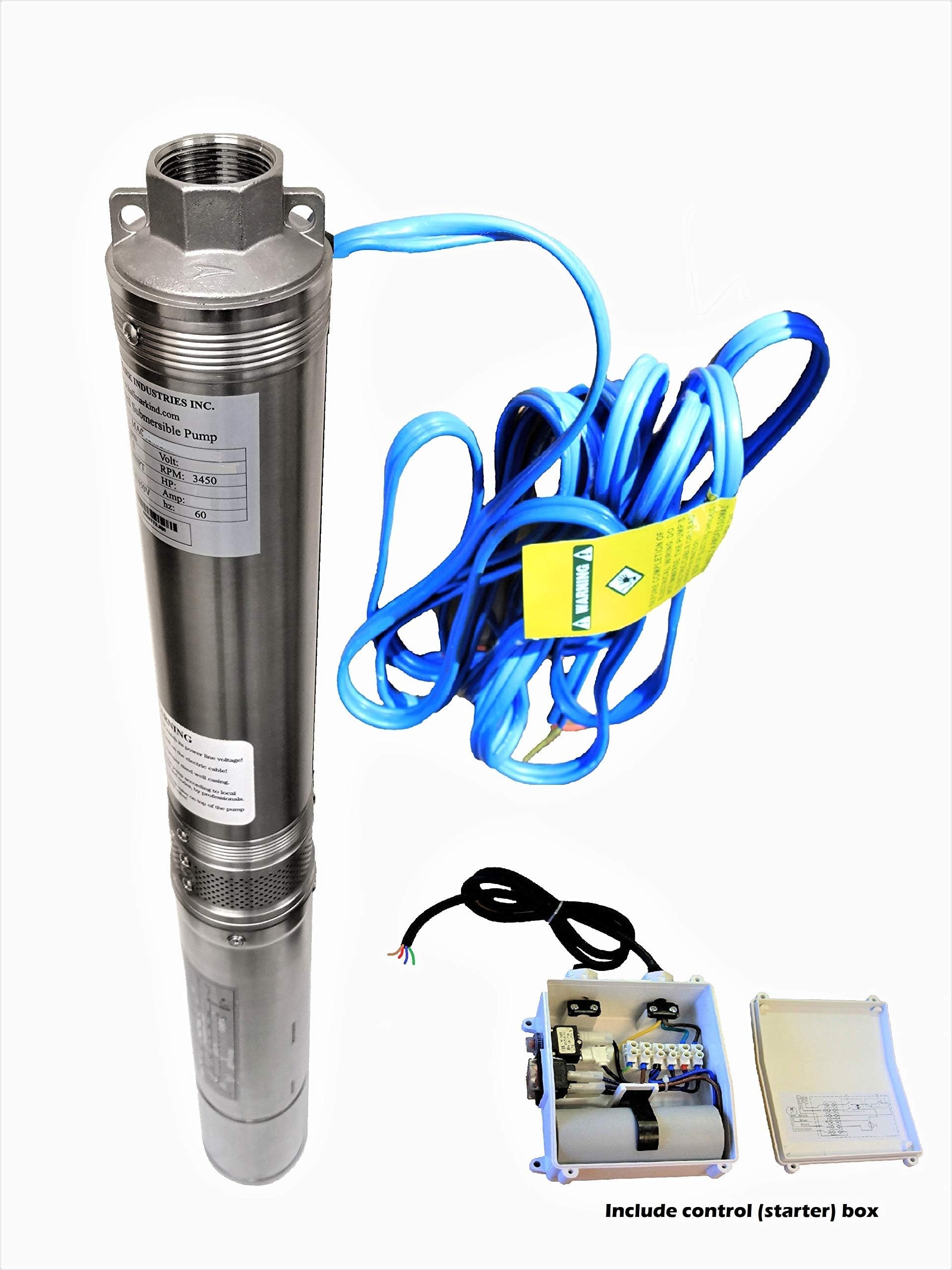 Hallmark Industries MA0419X-12AEXT Pump, 4" Deep Well Submersible, 2 hp, 230VAC/60Hz/1Ph, 35 GPM Max, Stainless Steel, with Control Box, 3.8"