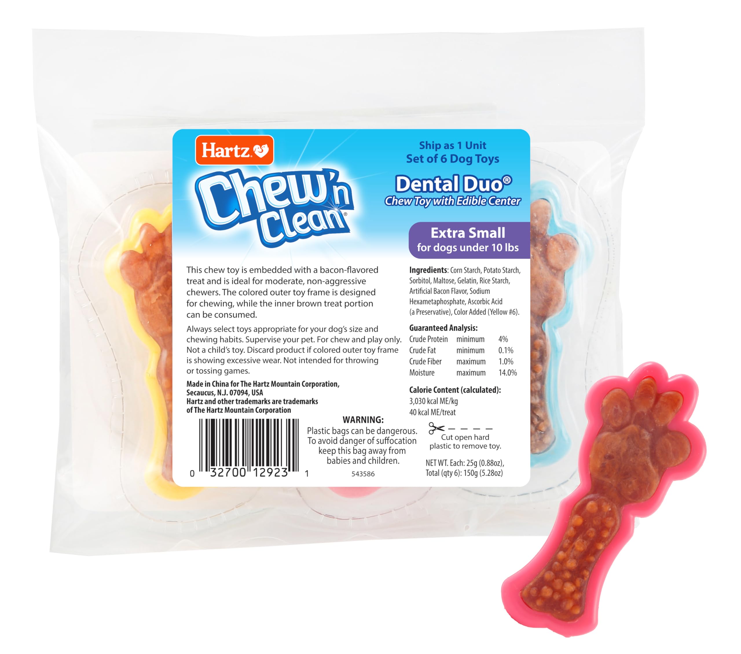 Hartz Chew 'n Clean Dental Duo Dog Treat & Chew Toy, Color Varies, Extra Small, 6 Count