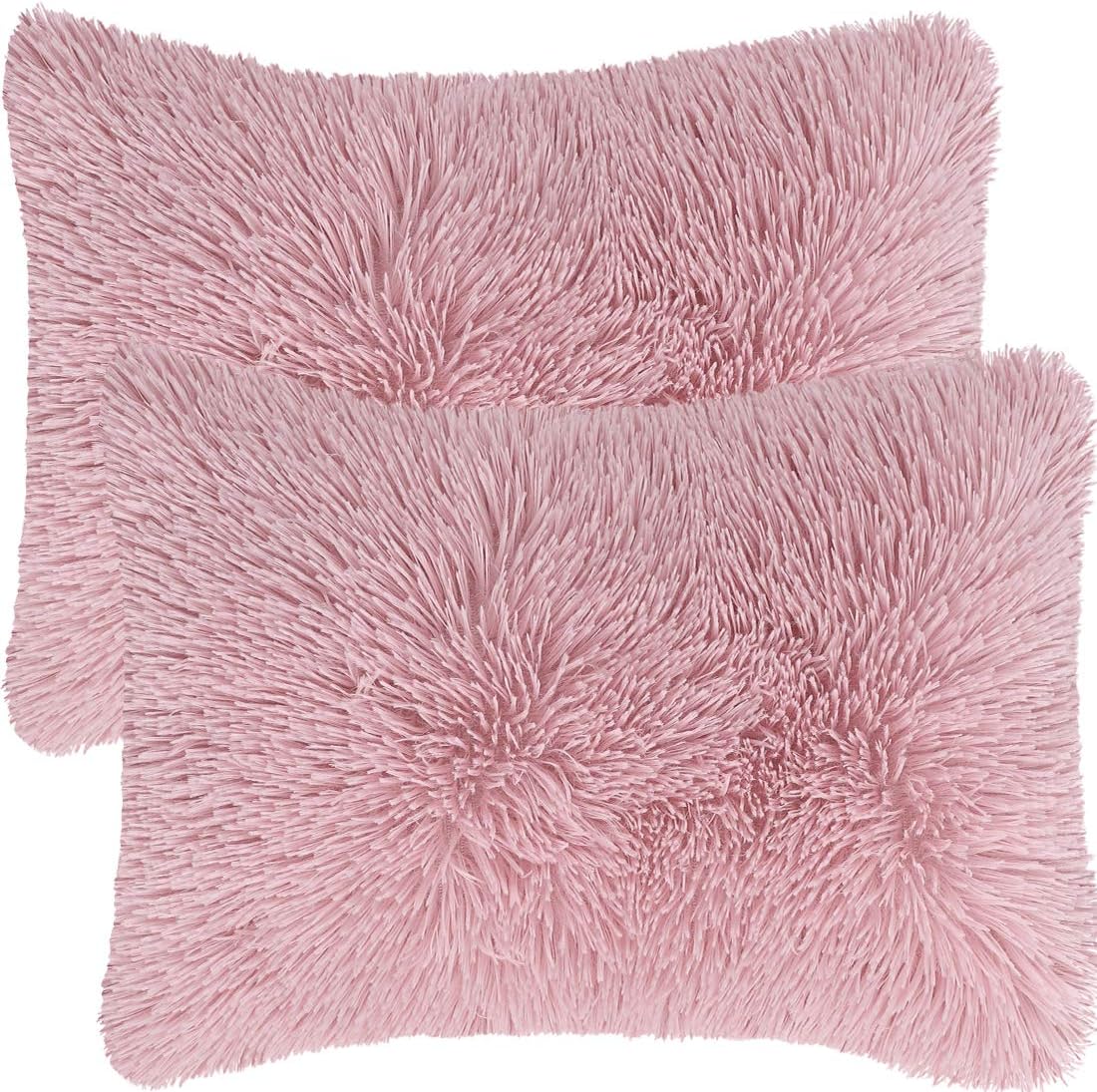 PiccoCasa Pack of 2 Soft Fuzzy Faux Fur Throw Pillow Covers, Decors Long Shaggy Cushion Covers, Soft Sofa Pillowcases for Livingroom Couch Bedroom Car Seat 12" x 20" Blush Pink