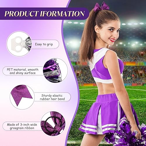 Miniatura 127 de Hanaive 3 pompones de animadora y lazo grande para animadora para el pelo, suministros metálicos para animadora de espíritu de equipo, deportes