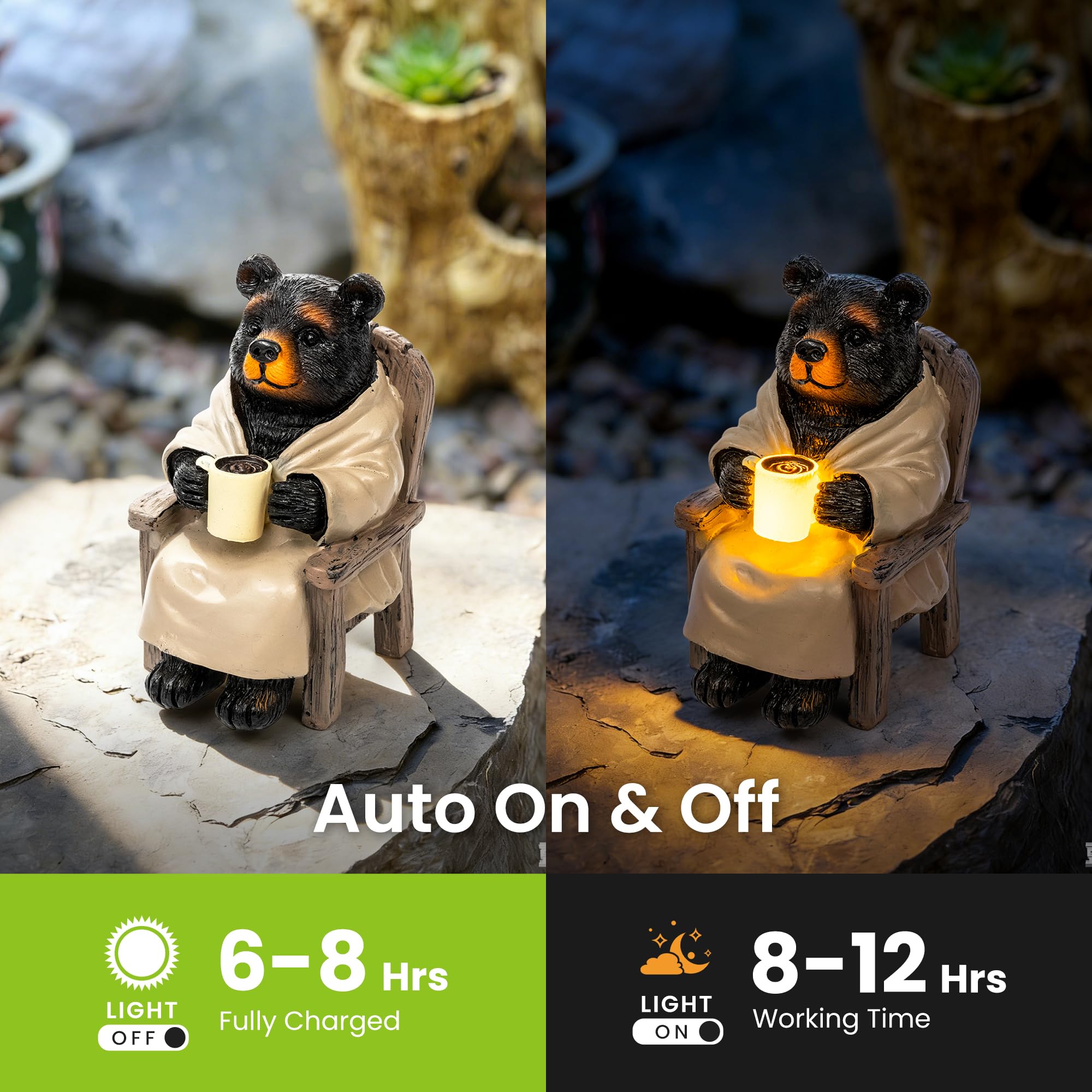 SOWSUN Estatua de jardín, decoración solar de oso negro con luz, decoración al aire libre para patio, césped, balcón, regalo de Navidad/cumpleaños para mamá y mujer
