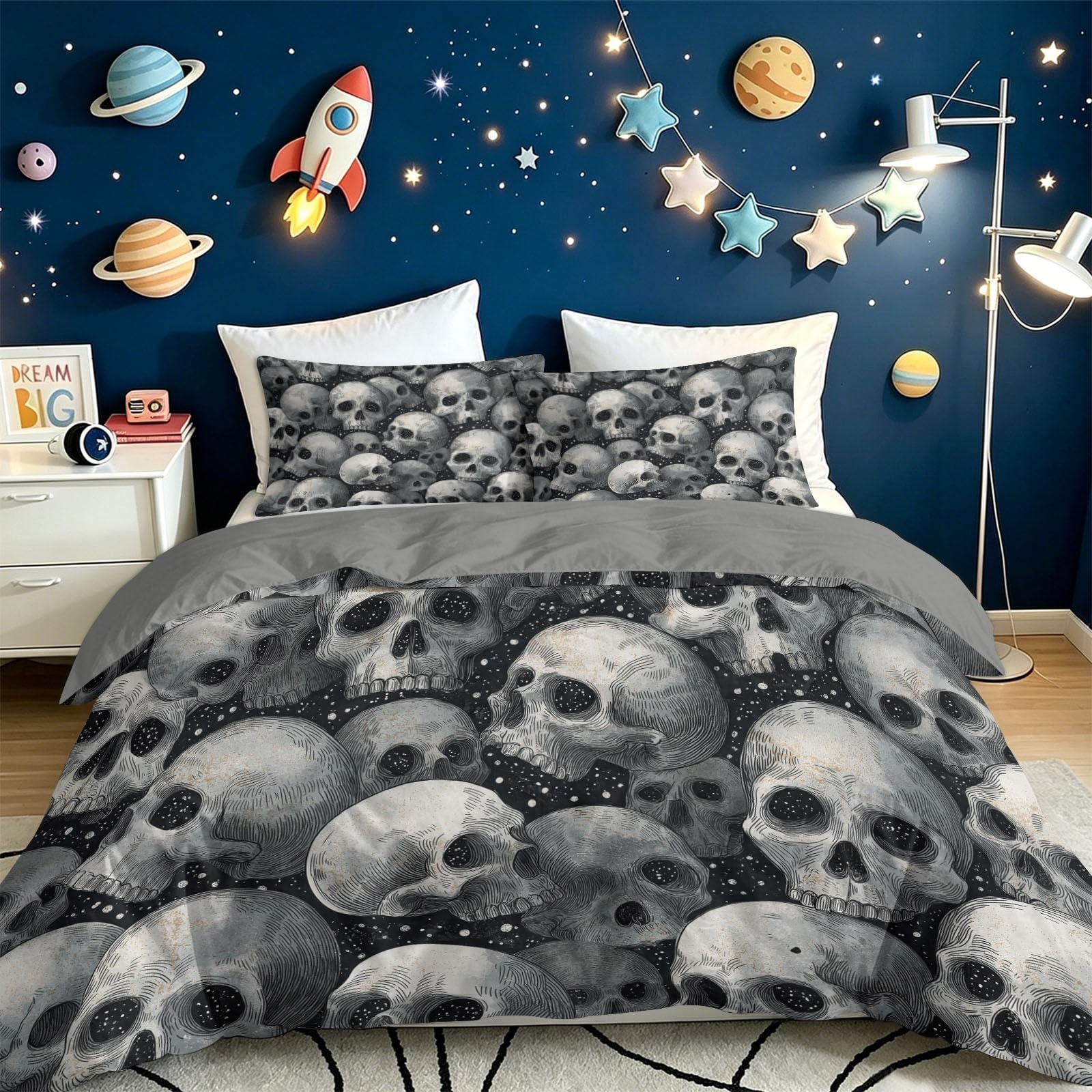 Miękki, lekki zestaw pościeli z mikrofibry, ciemny, tajemniczy, czarna poszewka na kołdrę z motywem czaszki na Halloween, 230 x 220 cm, na wszystkie pory roku, nie wymaga prasowania, z 2 poszewkami na