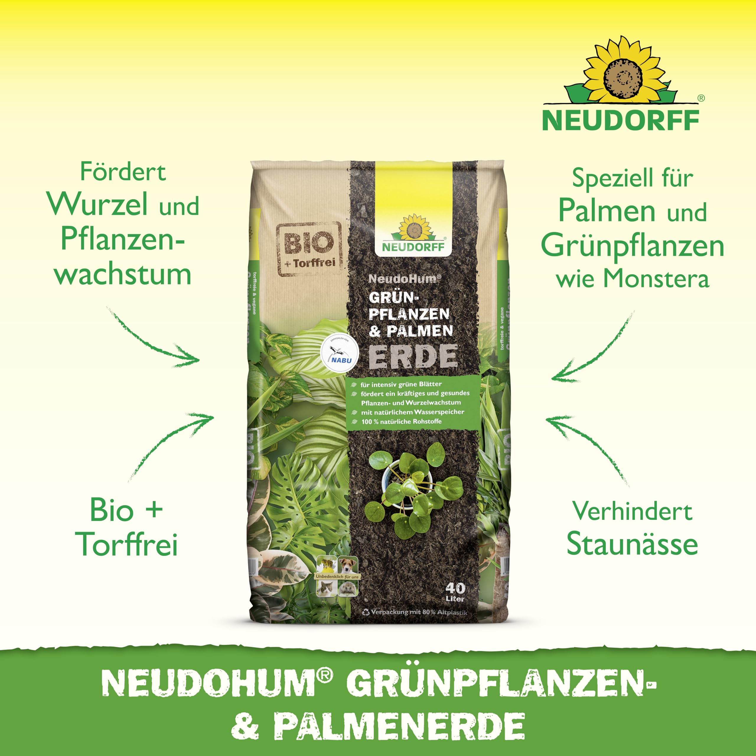 Neudorff NeudoHum GrünpflanzenErde 40 Liter - Palmenerde Torffreie Erde für Palmen - Monstera Erde ohne Torf fördert gesunde Zimmerpflanzen mit grünen Blättern - 100% vegan