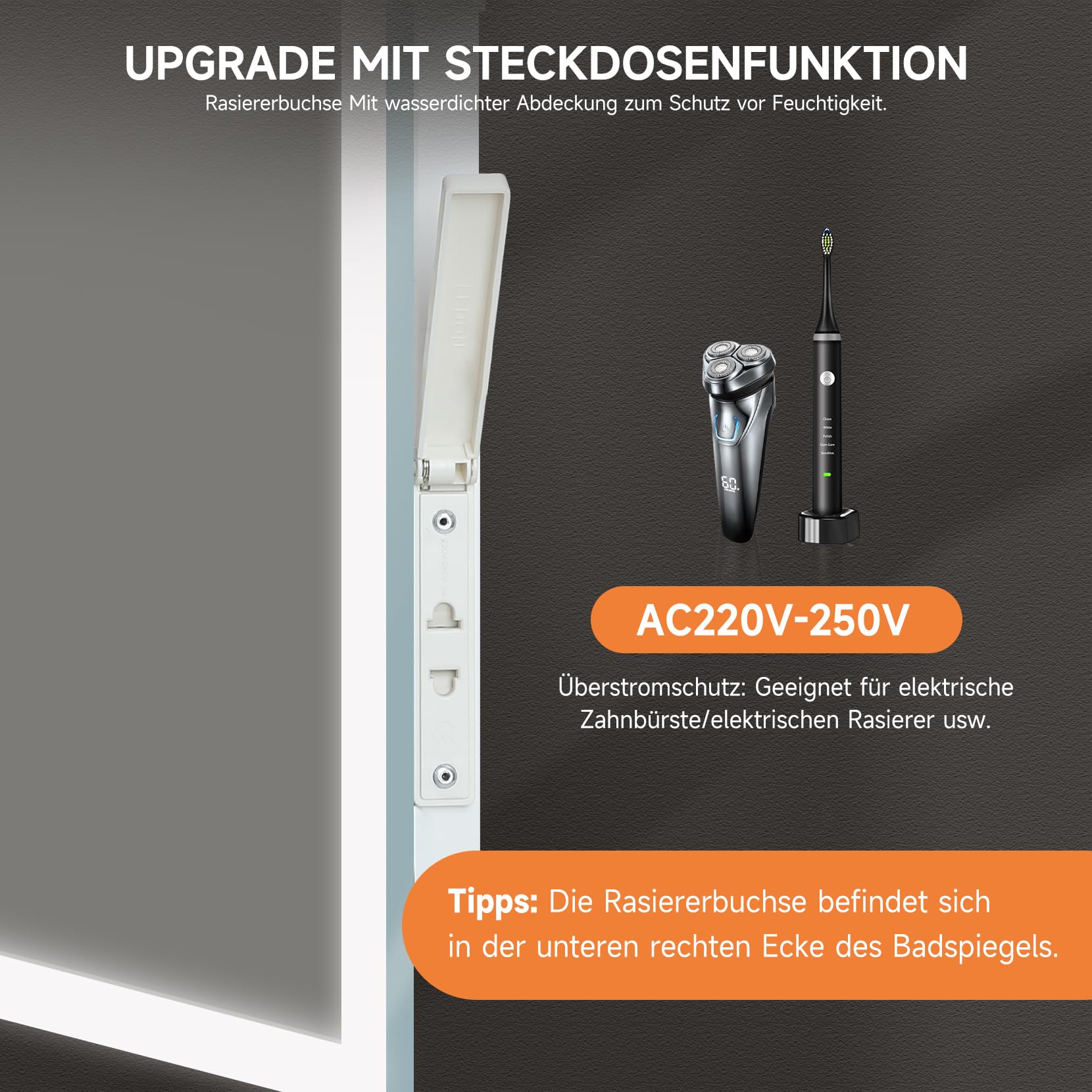 Dripex LED Badspiegel 70x50cm mit Steckdose, 3 Lichtfarben Dimmbar IP44 | Für Badezimmer