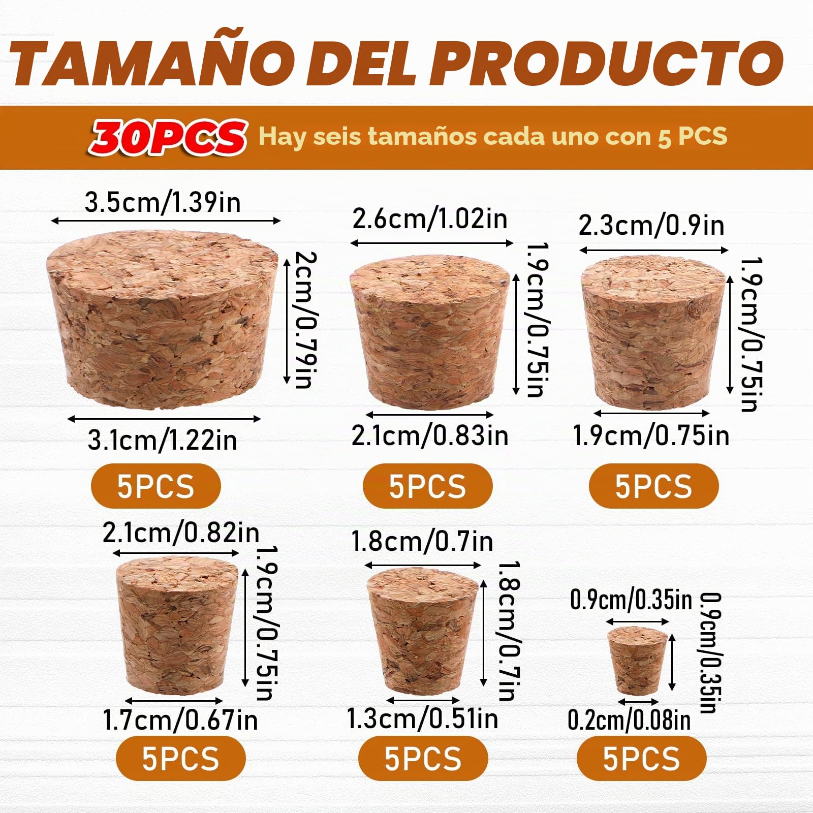 Giantree 30 tapones de corcho cónicos, 6 tamaños, corchos para manualidades, corcho de madera, corchos cónicos para vino, cerveza, zumo