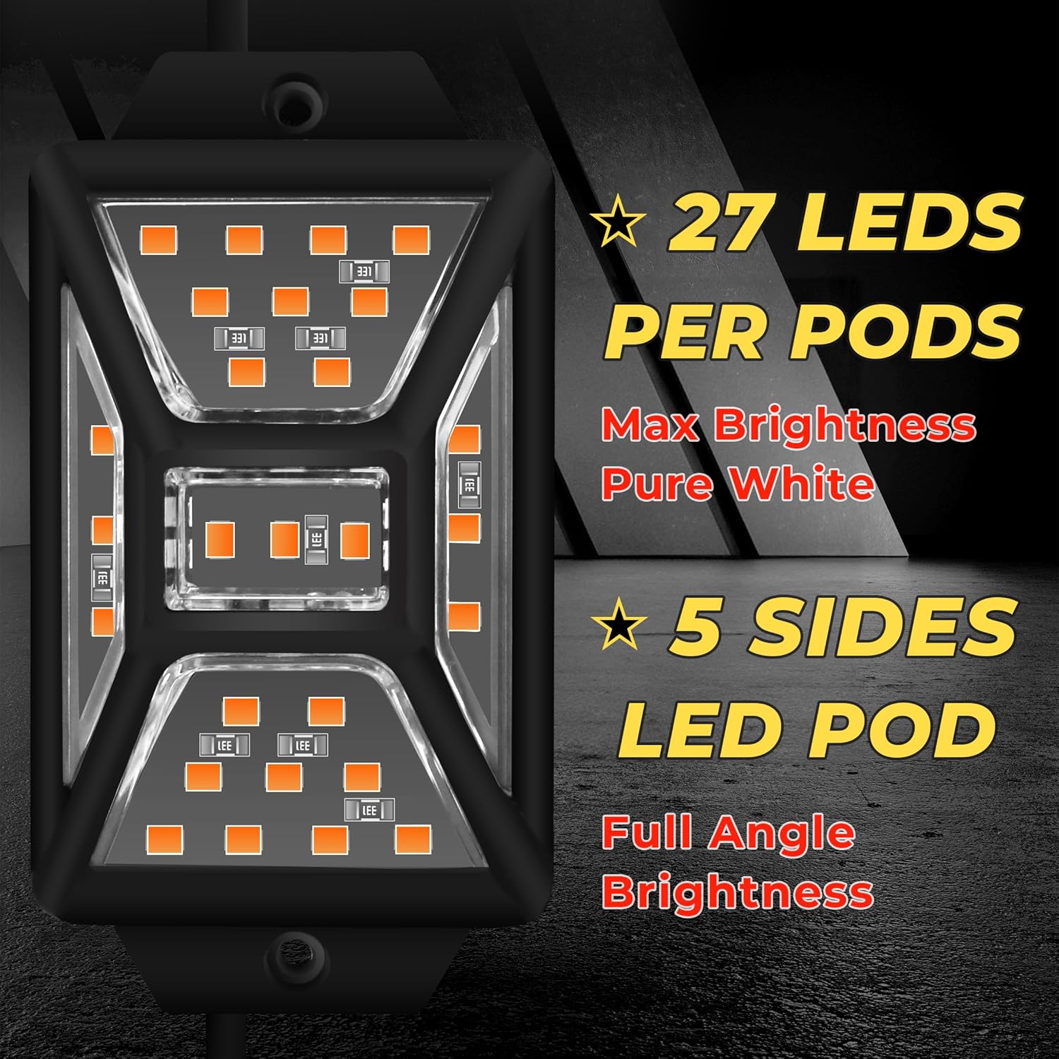 8 Pods Amber Rock Lights with 2 Pack Connectors Extension Wires,Waterproof Rock Lights Compatible with Trucks Jeep UTV SUV ATV Boat Golf Cart, High Bright Underglow Car Kits,Two-Path Led Rock Light