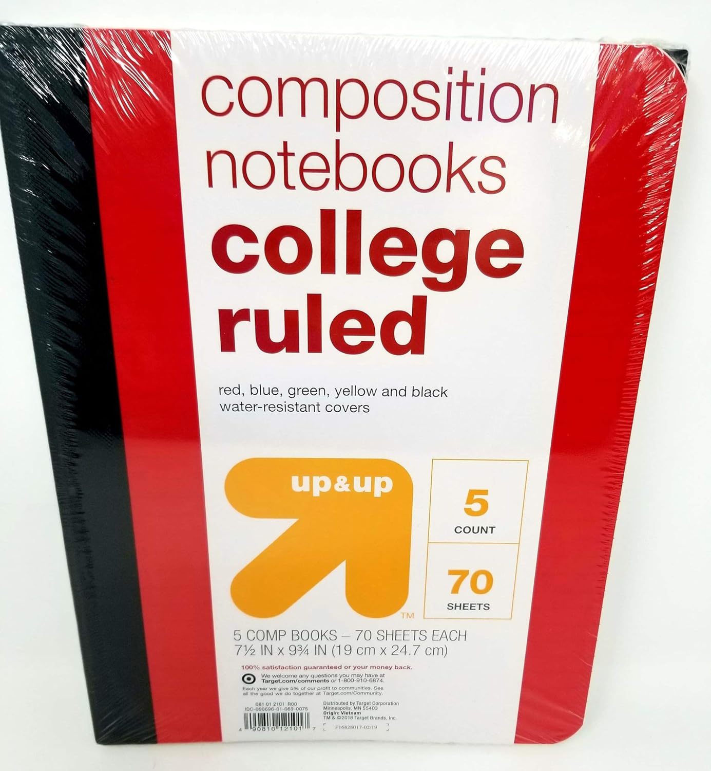 5 Pack of Poly Cover College Ruled Solid Color Composition Notebooks - Red, Black, Blue, Yellow & Green Plastic Covers      Thread Bound