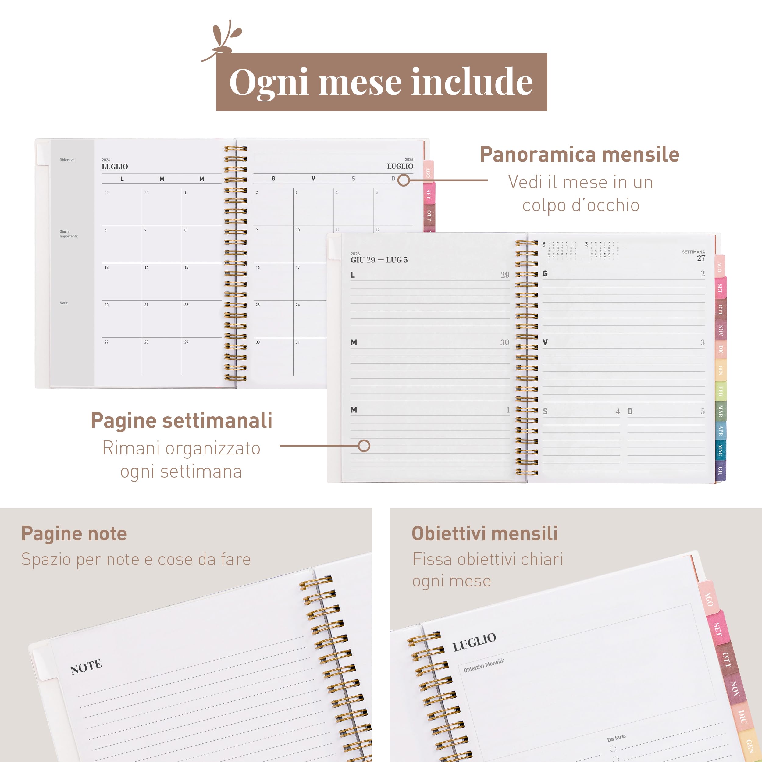 Rileys Agenda Accademica 2026–2027 Settimanale con Giornaliera Planner Scuola Lavoro 20x15 cm Verde Italiano
