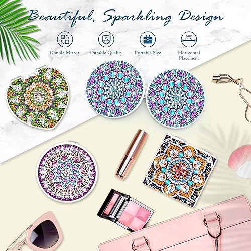 Miniatura 6 de SPOKKI Espejo compacto de pintura de diamante, espejo de bolsillo para bricolaje con cubierta de pintura de diamante de mandala, diseño de bolso