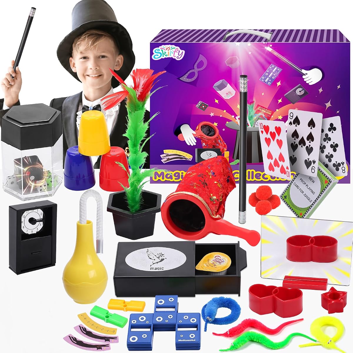 Skirfy Magic Kit-75+ Magic Tricks for Kids Age 6-8,Perfect Magic Toys for Kids,Featuring with Floating Vase,Double Magic Bag,Magic Mirror-Great Birthday Gifts for Boys Girls