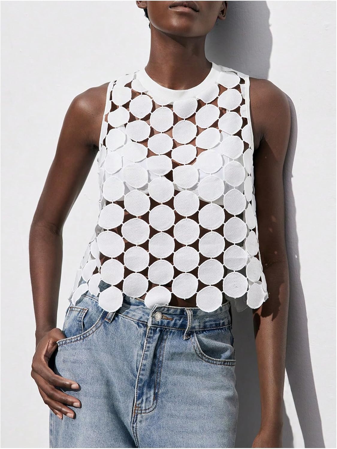 SHENHE Women's See Through Tank Tops Sexy Hollow Out Polka Dots Asymmetrical Going Out Tops - Image 2