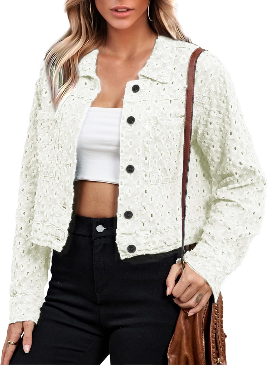 Fiona Jolin Womens Jean Jacket 2025 Casual Long Sleeve Distressed Button Down Cropped Denim Jacket Coats Western Trendy