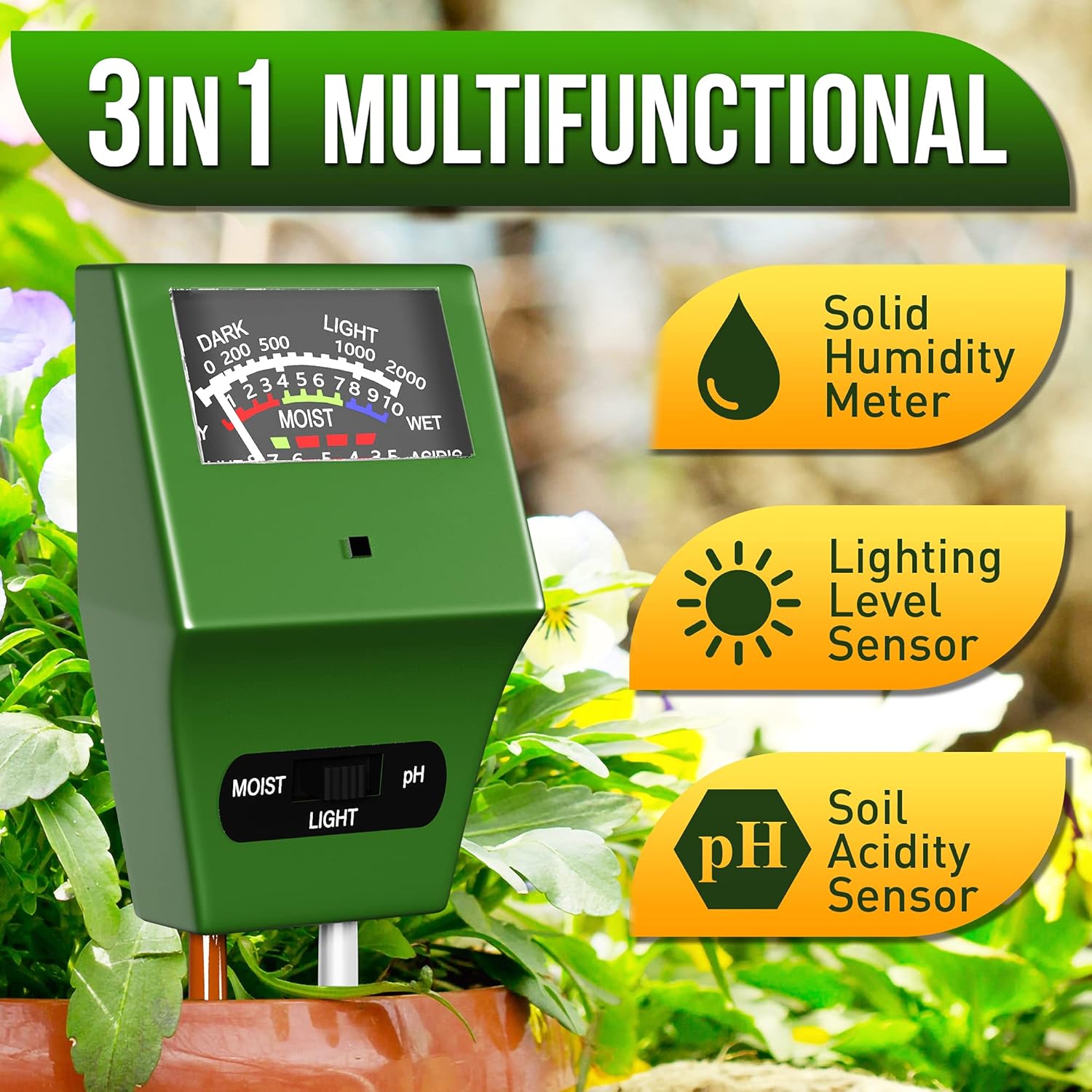 Soil Plant Moisture Meter, 3-1 Soil Moisture pH Light Meter, Water Sensor for House Indoor Outdoor Plants, Test Kit for Garden Soil-Tester for Plant Testing Tools -Plant Care- Moisture Sensor : Patio, Lawn & Garden