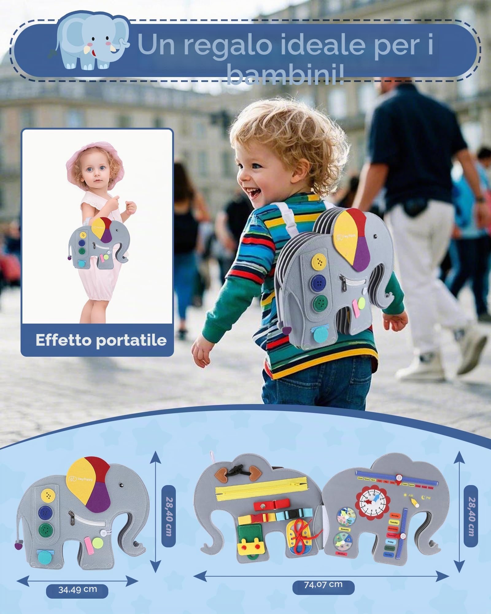 Heypappy Busy Board,12 in 1 Montessori Busy Board Feltro,Montessori Didattici Libro Sensoriale Educativo, Giocattolo per Abilità Motorie con Cintura Zaino Regalo Bambino Compleanno Natale