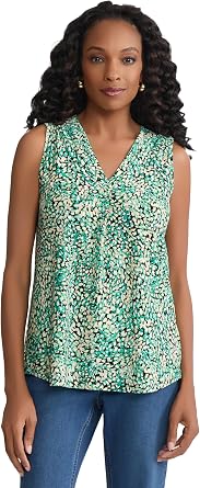 Jones New York Womens Sleeveless Pleated Front Printed Jersey Top