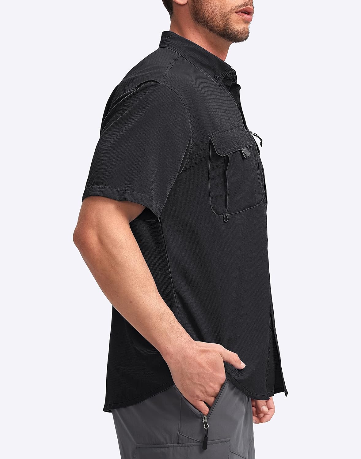 Pudolla Men's Fishing Shirts with Short Sleeves, Summer Travel Work Shirts, Button Down with UPF50+ and Zipper Pockets - Image 2