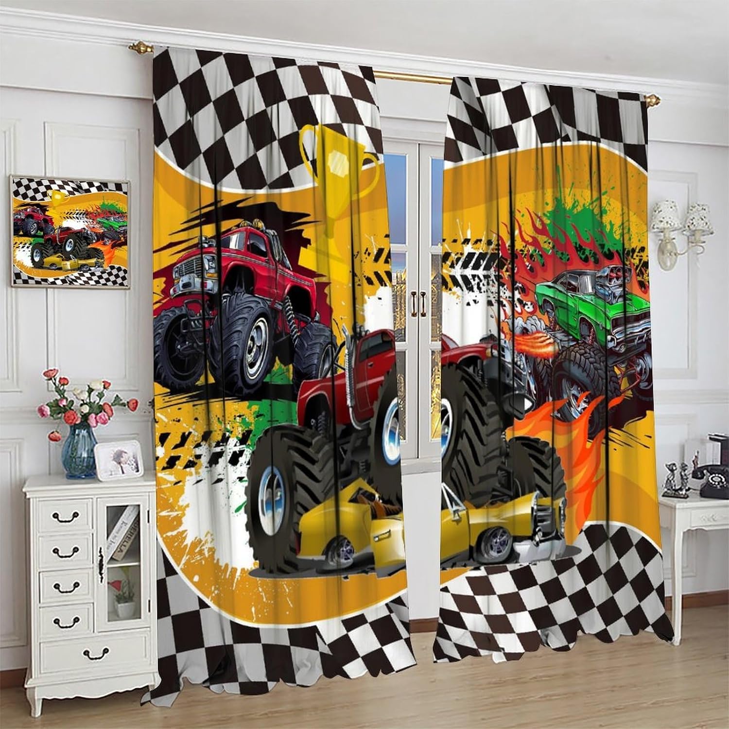 Monster Truck Curtains for Kids,Cartoon Fleet Racing Car Stadium Game Cool Flame Flag Racing Window Drapes Print for Nursery Boys Bedroom Living Room 42x45in（No Blackout）