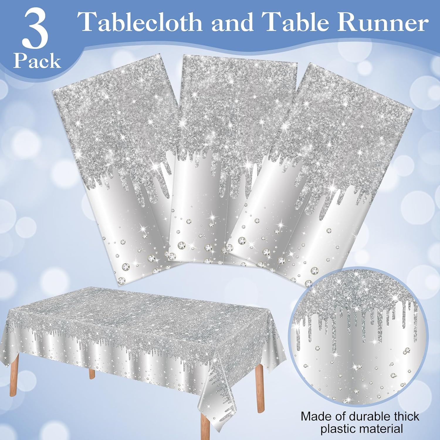 Ganeen 3 Pcs Silver Tablecloths Glitter Diamond Disposable Plastic Table Cover Sequin Printed Rectangle Tablecloths for Girl Women Birthday Wedding Party Decor Supplies, 54 x 108 Inch