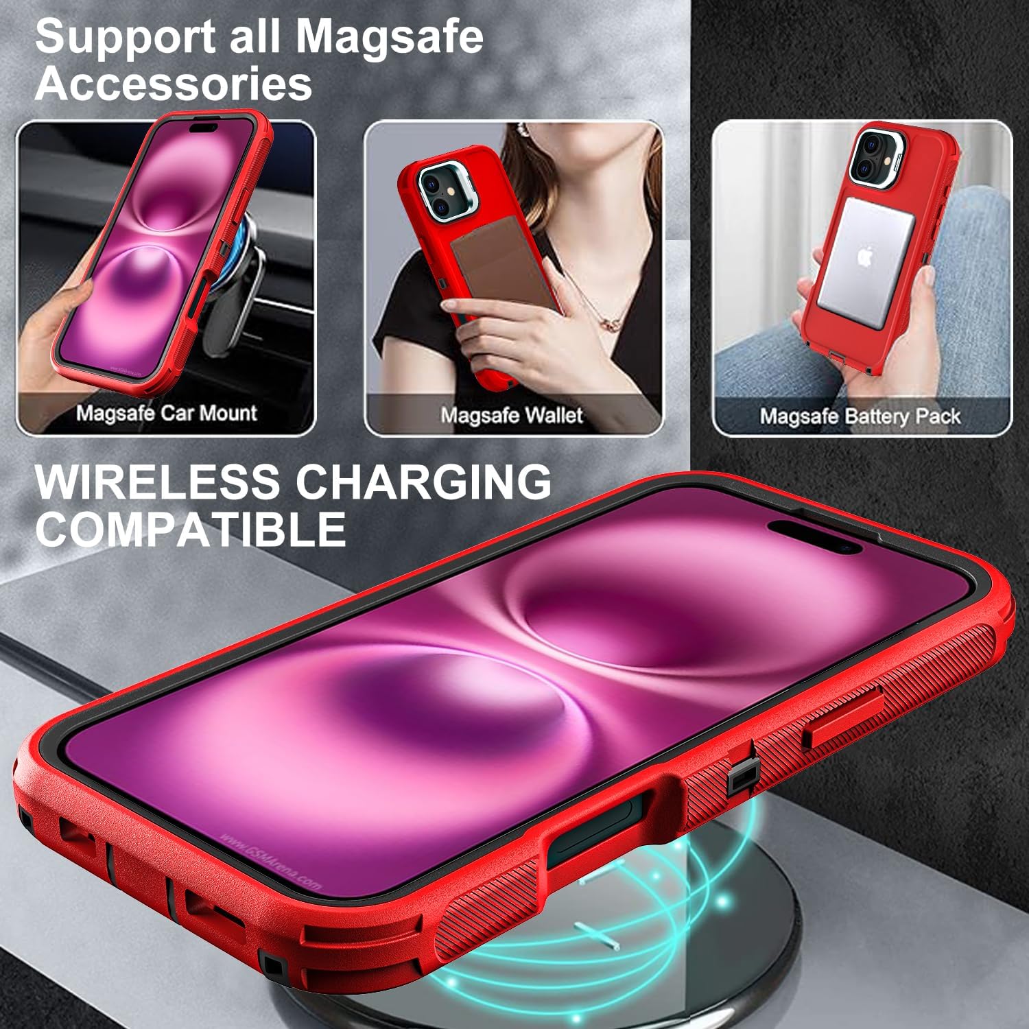 YKHJKLEC for iPhone 16 Plus Case, Military Grade 3 in 1 Heavy Duty Shockproof/Drop Proof/Dust Proof with Kickstand Case, with 2 x Tempered Glass Screen Protector & 1 x Wrist Strap (ZJ-Red/Black)