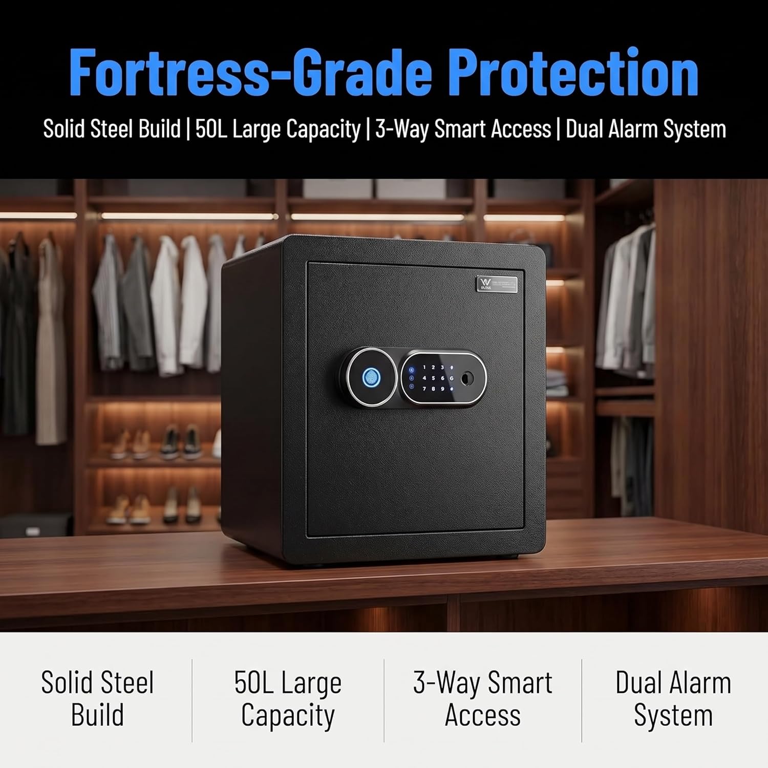 50l Biometric Fingerprint Safe With Lcd Screen, Fireproof Home Safe For Cash & Jewelry, Voice Prompt & Dual Warning, Ideal For Home, Office & Hotel Security