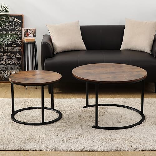 Miniatura 7 de KAHOO Mesas de café redondas apilables modernas de madera para espacios compactos, sala de estar, lugares pequeños, color marrón