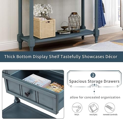 Miniatura 6 de P PURLOVE Mesa consola de madera con 2 cajones y estante inferior para dormitorio (azul marino)