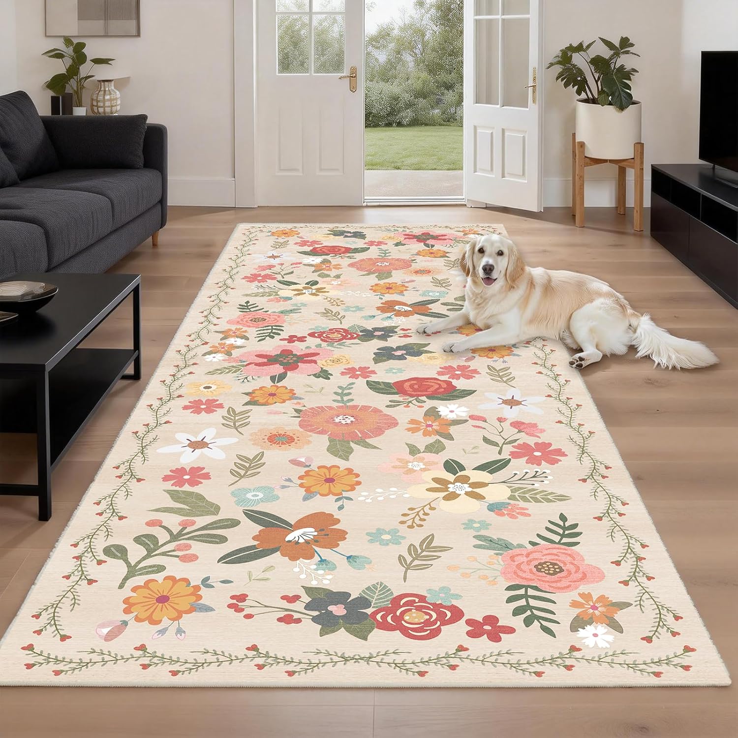 2x8 Washable Kitchen Rugs Runner - Soft Floral Floor Carpet Runners for Hallway Non Slip with Rubber Backing Indoor Entrance Bedroom Bedside Laundry Room（Beige，2x8）