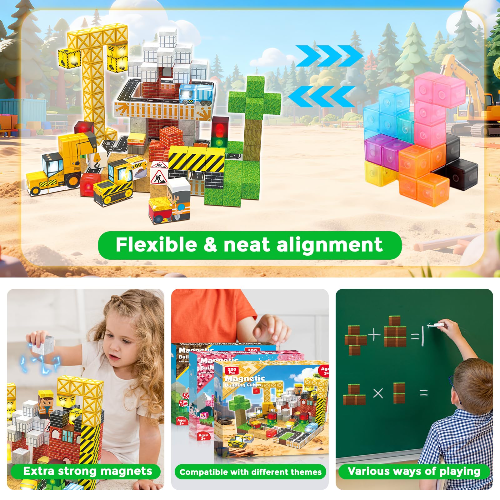 Goody King Costruzioni Magnetiche per Bambini 200 Pezzi Cantiere - Città in Costruzione Creativa con Veicoli e Segnali, Giocattolo Educativo con Magnetic Blocks Regalo per Bambini 4-12 Anni