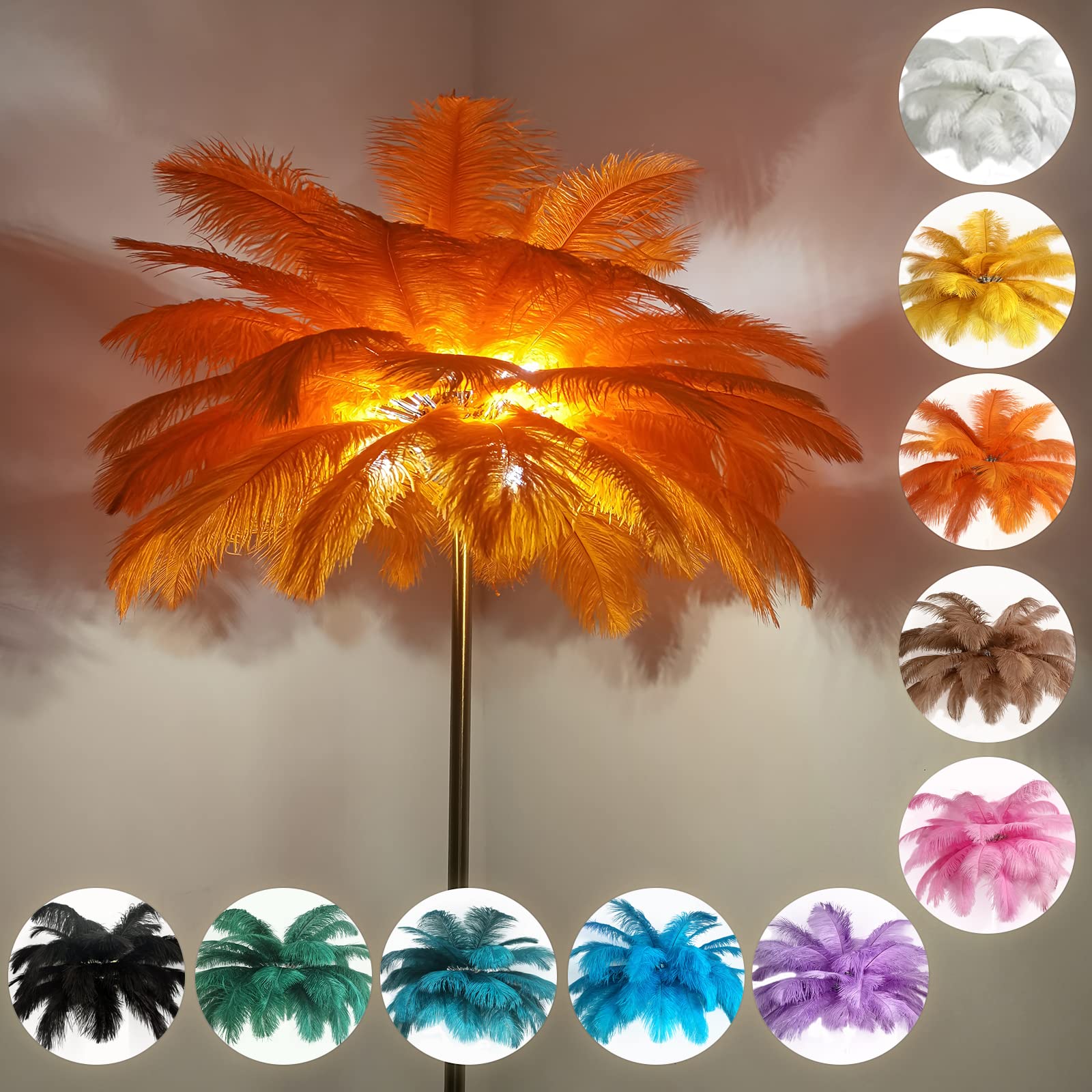 KISFWIU Floor lamp, Feather lamp with 48 Natural Ostrich Feathers with 10 Colors, Extended Feathers Suitable for Living Room, Bedroom, Study, H160cm (Orange)
