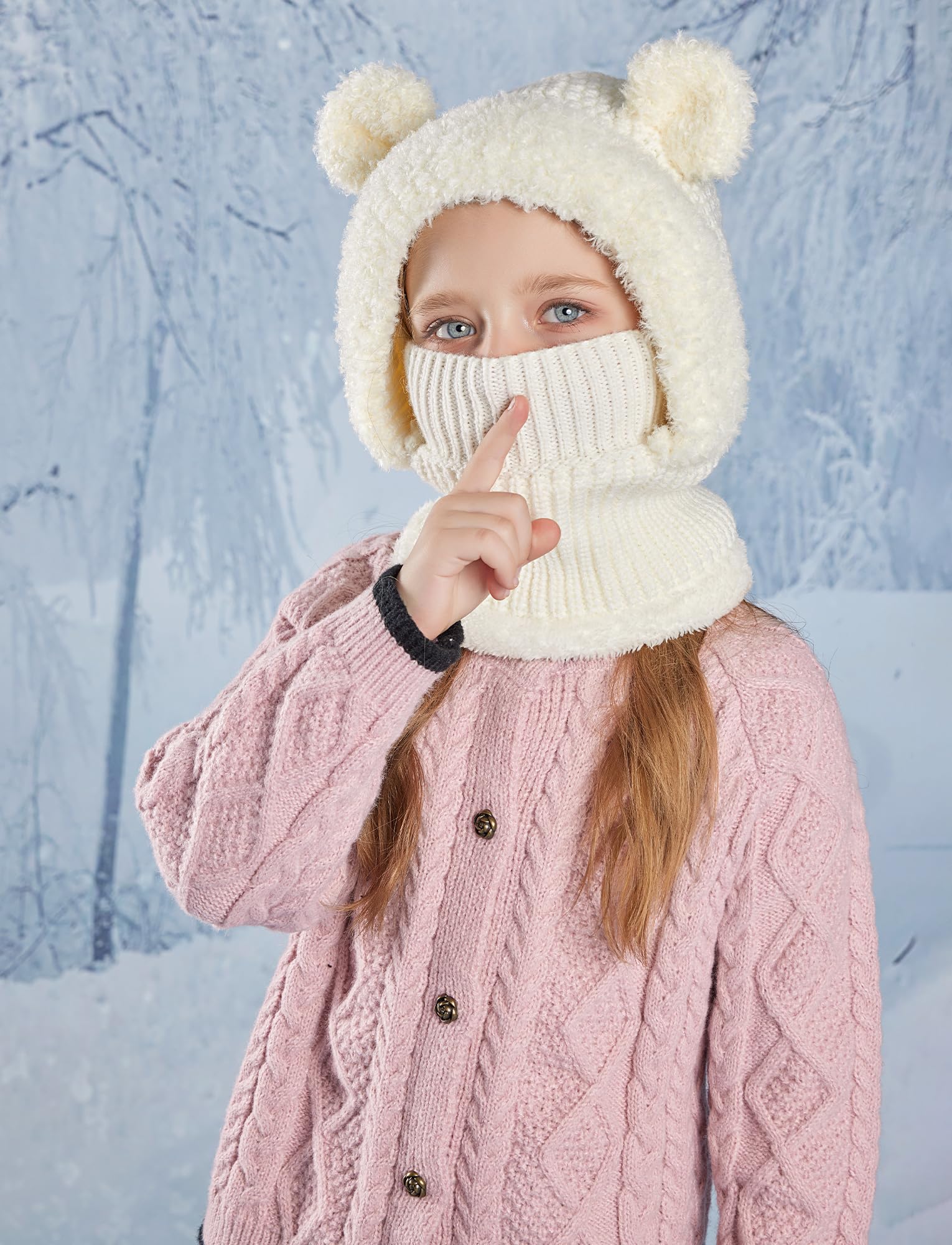 Maeau Berretto invernale per bambini e bambine, 4-10 anni, berretto invernale lavorato a maglia, in pile con 2 pompon 2 in 1, passamontagna e sciarpa ad anello, berretto a maglia