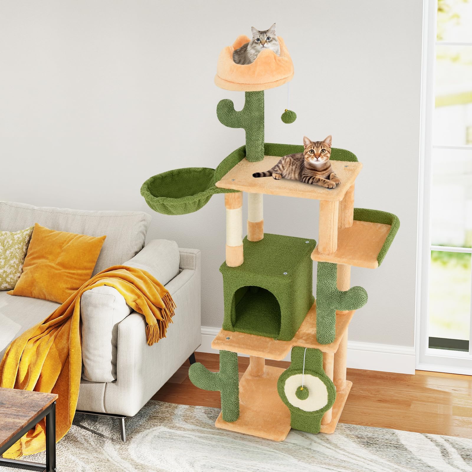 COSTWAY Rascador de Cactus, 160 cm, árbol para Gatos con Cueva para Gatos, Plataformas, Poste de sisal, Cesta, Tabla para rascar y Juguetes, Muebles para Gatos, Muebles para Gatos, árbol de Madera