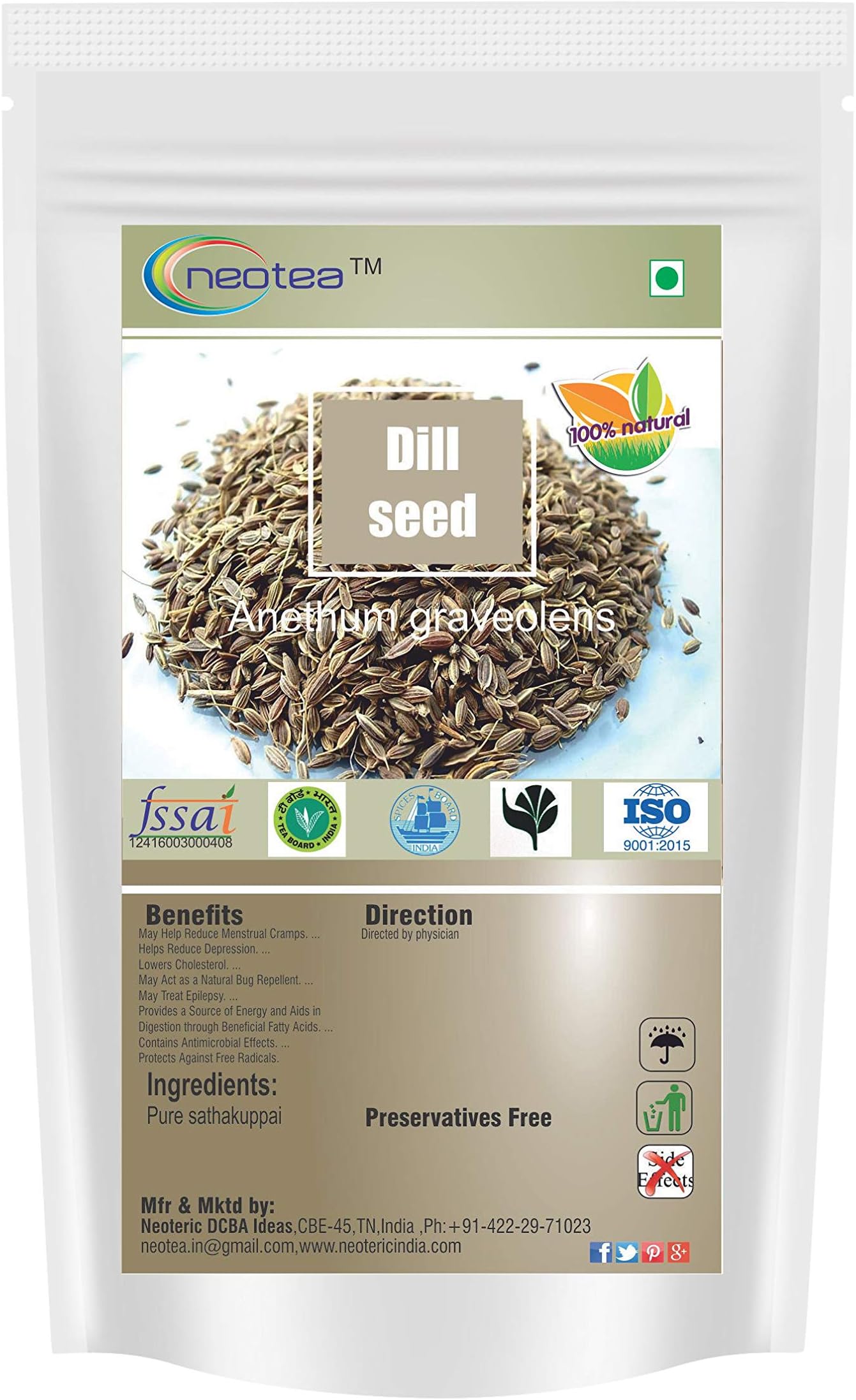 Neotea Dill Seeds | Sathakuppai Seeds | Sadakuppai/Saadaa Kuppai | Shatapushpa | Pure Natural Seeds for Culinary, Herbal & Ayurvedic Use | Sathakuppai Vidhai | Indian Dill Seeds for Cooking 300GM