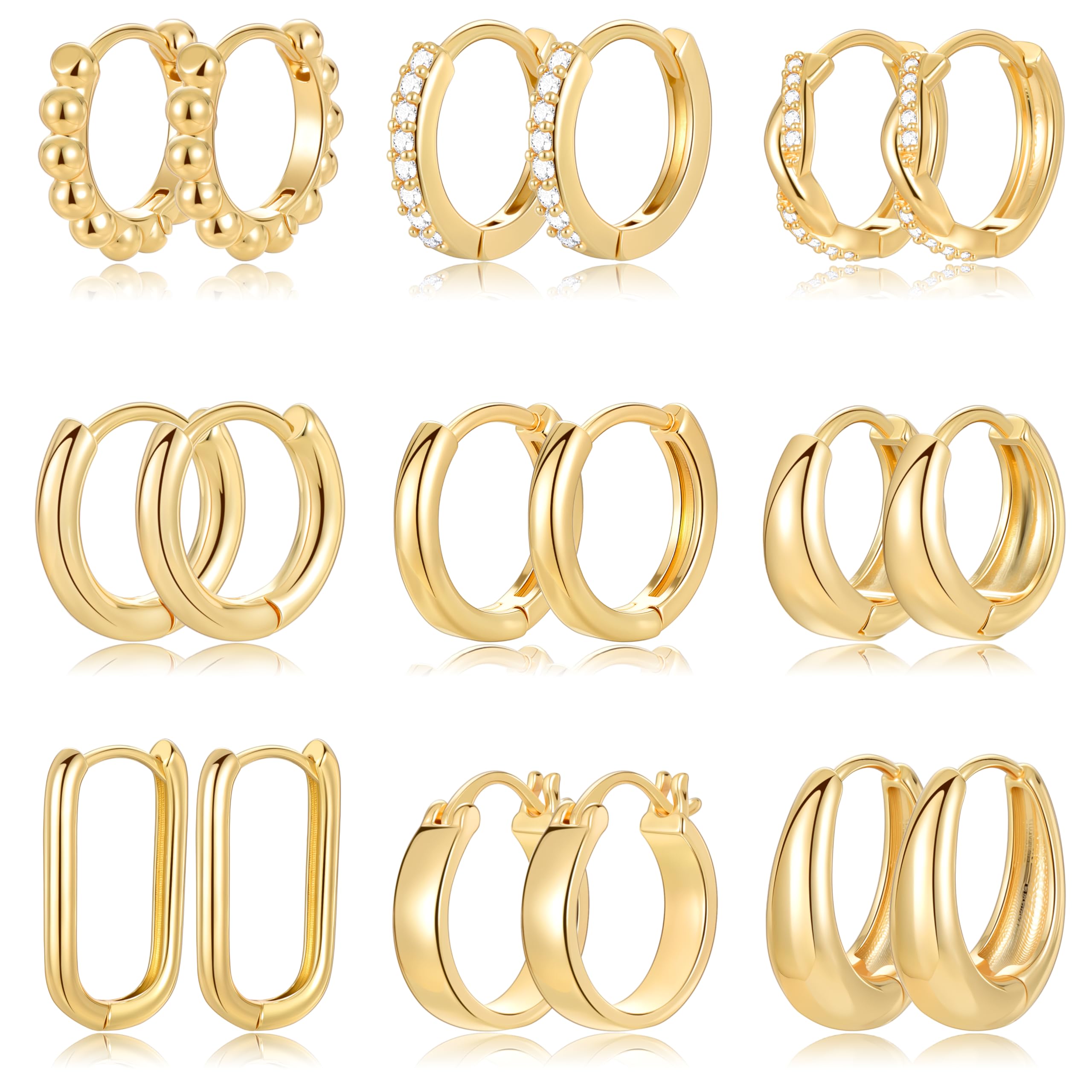 9 Pairs Small Gold Silver Hoop Huggie Earrings Set for Women 14K Gold Plated Chunky Hoop Small Earring