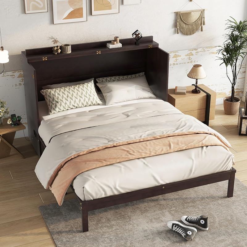 GDFStudio Queen Size Murphy Bed Cabinet with Rattan Panel, Built-in Power Station, Pine Wood Cabinet Bed with Storage Drawer, Foldable Queen Beds for Guest Rooms, Small Spaces, Living Rooms, Espresso