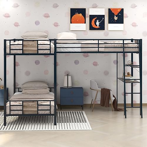 Harper & Bright Designs Triple Bunk Bed Twin Size with Desk and Storage Shelf for Saving Space, L Shaped Heavy Duty Metal Bunk Beds Frame for 3, Sturdy Supports, Brown