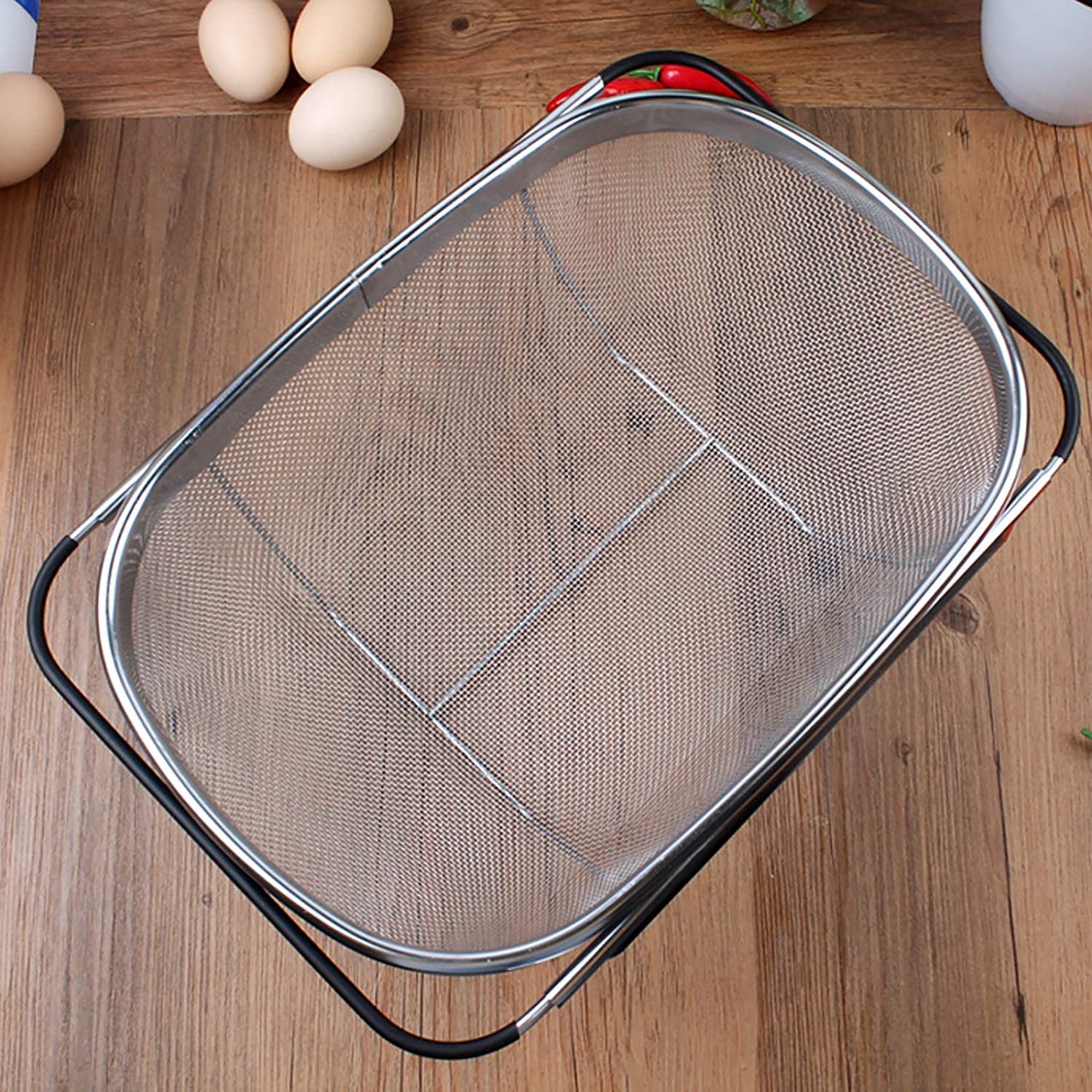 Passoire à suspendre au-dessus de l'évier en acier inoxydable,pour évier de cuisine avec poignée en caoutchouc,maille fine en acier inoxydable,grande passoire extensible en métal pour pâtes,aliments
