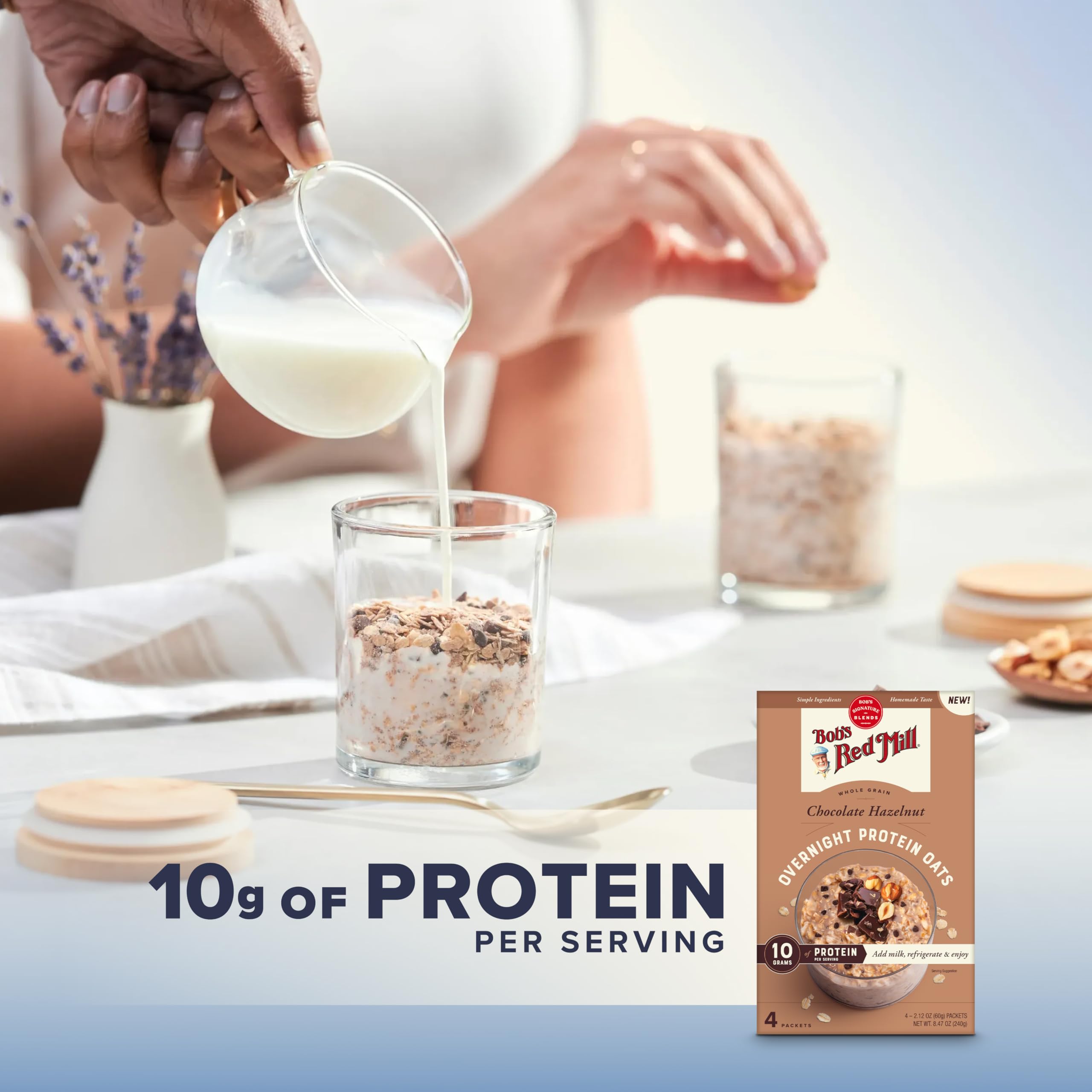 Bob's Red Mill Overnight Protein Oat Packets, Chocolate Hazelnut (1 Box of 4 Packets), Non-GMO, Gluten Free, Whole Grain thumbnail 4
