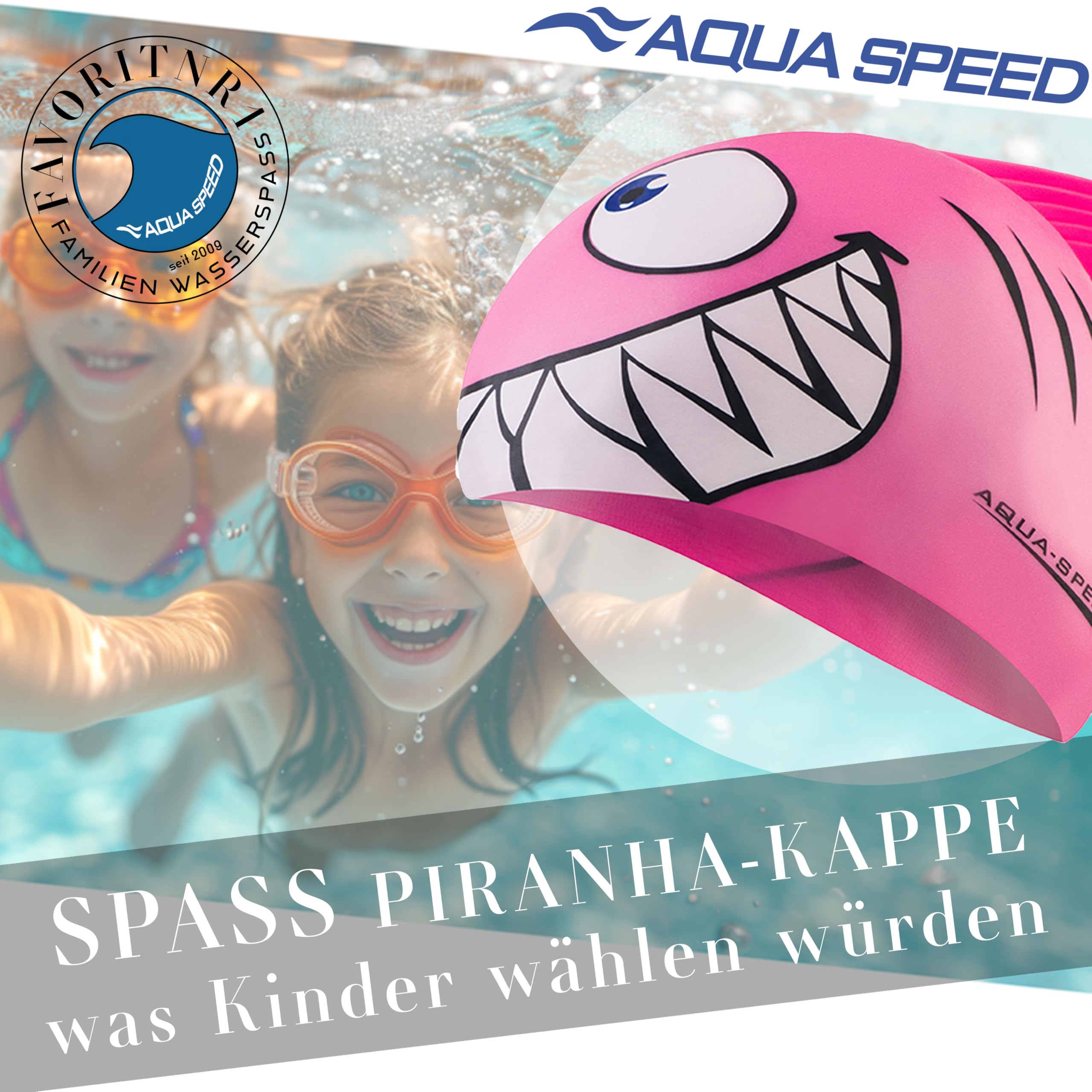 Aqua Speed Shark Gorro de natación + Toalla de Microfibra | niños | Gorras de baño Divertidos| tiburón | Silicona