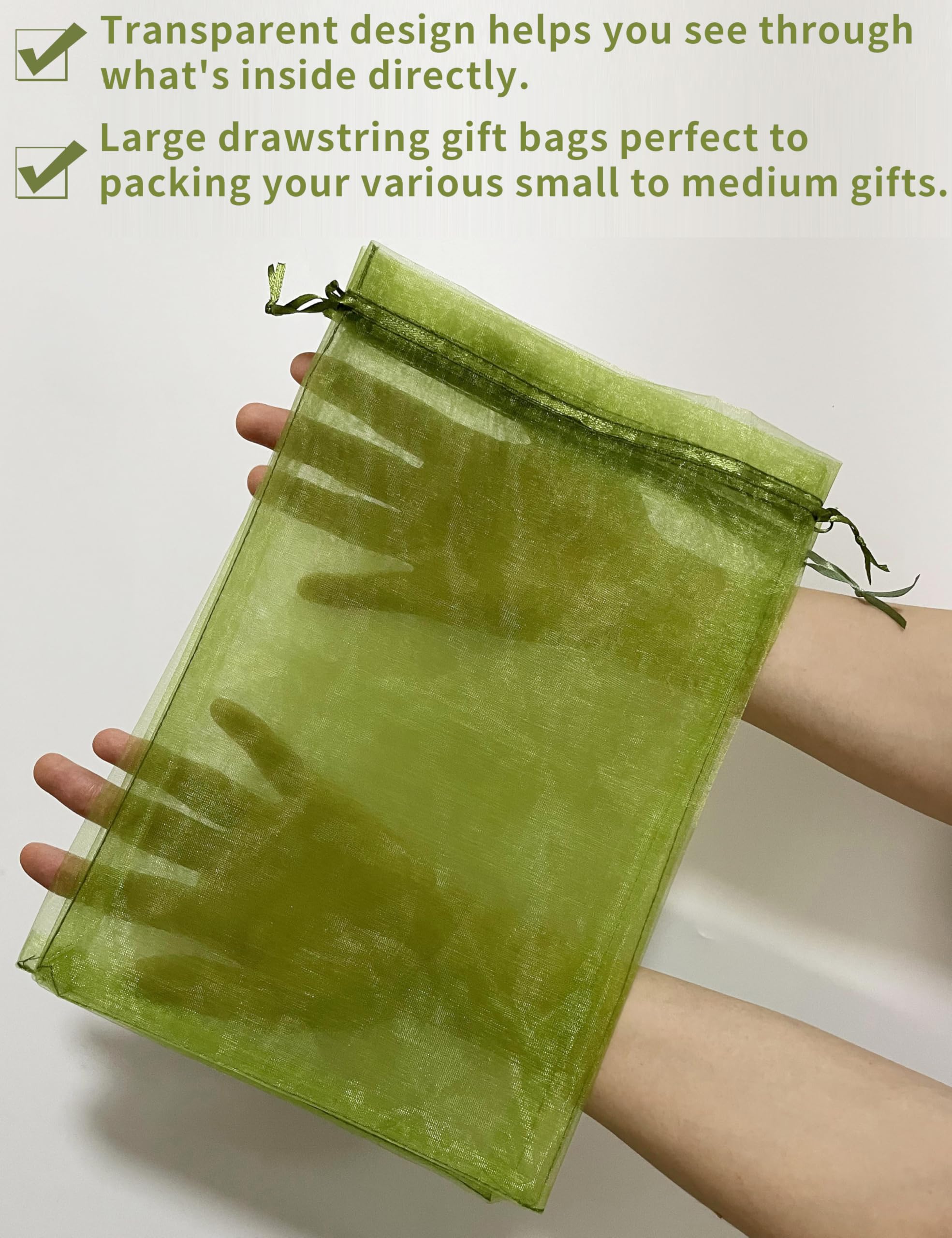 Jexila Paquete de 50 bolsas de regalo de organza transparente verde oliva de 8 x 12 pulgadas, bolsa de regalo grande de malla con cordón para regalo del día de San Patricio, bolsas de dulces