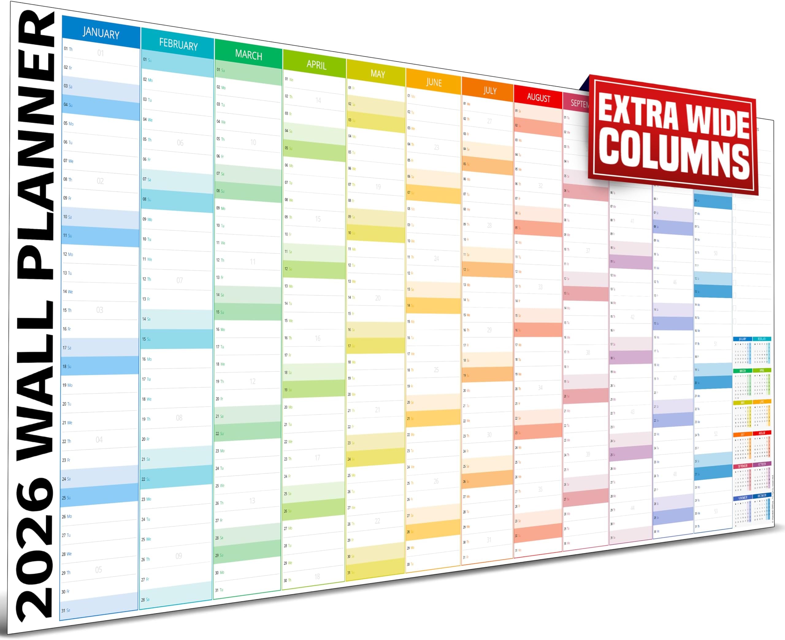 Wall Planner 2026 UK - Extra Wide 91 x 38cm Colour Full Year Family Planner Calendar 2026 For Home, Office, Teacher Calendars & Personal Organisers - Wide Columns Edition