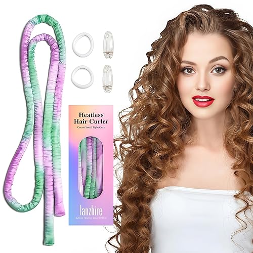 Miniatura 1 de Lanzhire Diadema rizadora sin calor para rizos nocturnos, rizadores sin calor para cabello largo y corto (teñido anudado morado)