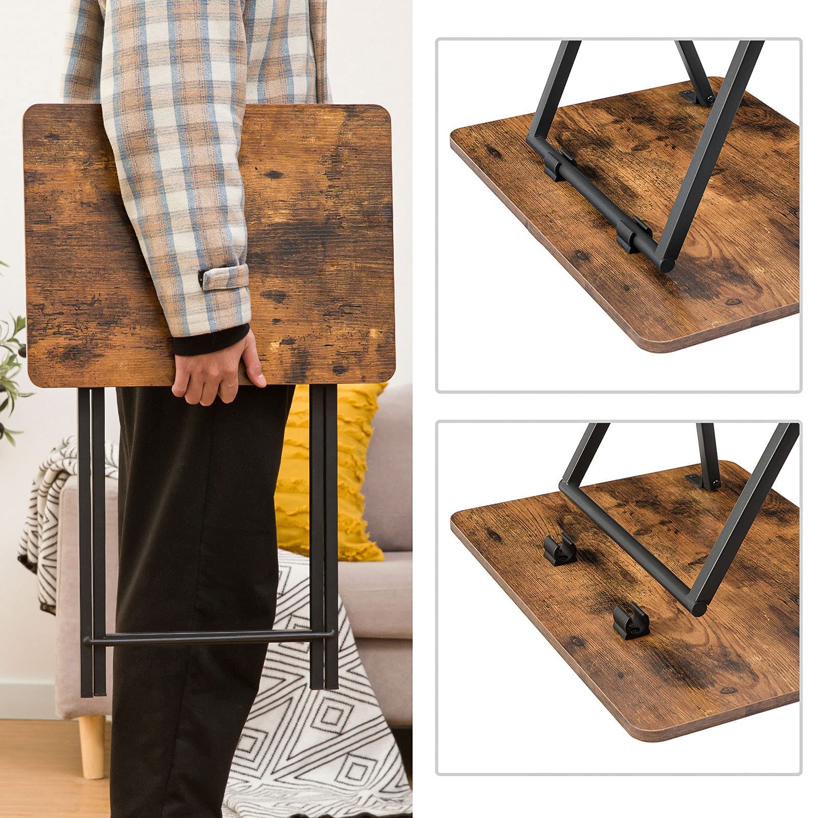 HOOBRO Tavolino con Vassoio, Tavolino da Divano Pieghevole con Vassoio in Legno Rimovibile, Struttura in Acciaio, Tavolino da Caffè, Stile Industriale Vintage,Marrone Vintage EBF29BZ01