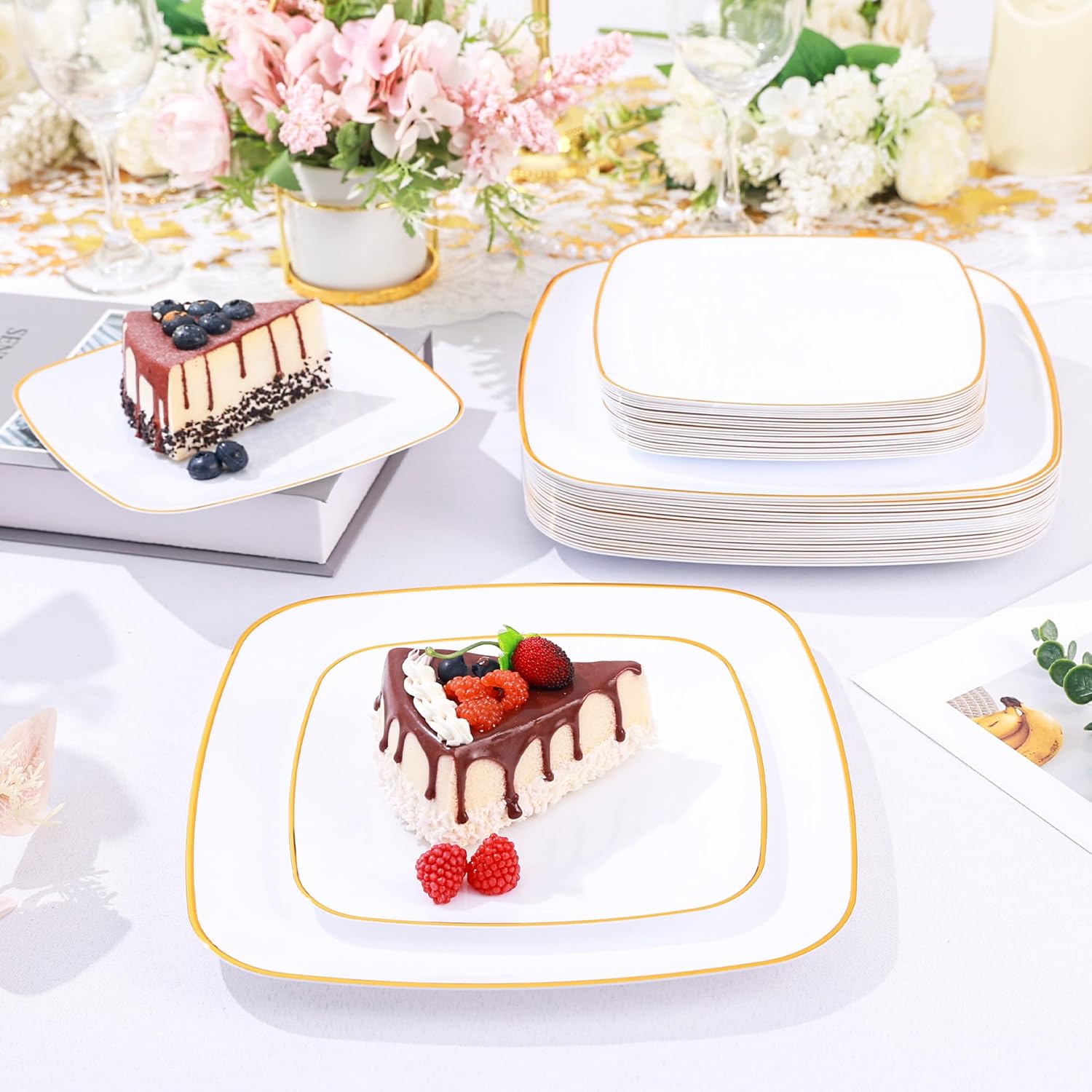 350 Piece Dinnerware Set for Wedding & Party,50 Guest RimPlastic Square Plates,50 Plastic Silverware,50 Cups,50 Linen Like Napkins (White Gold)